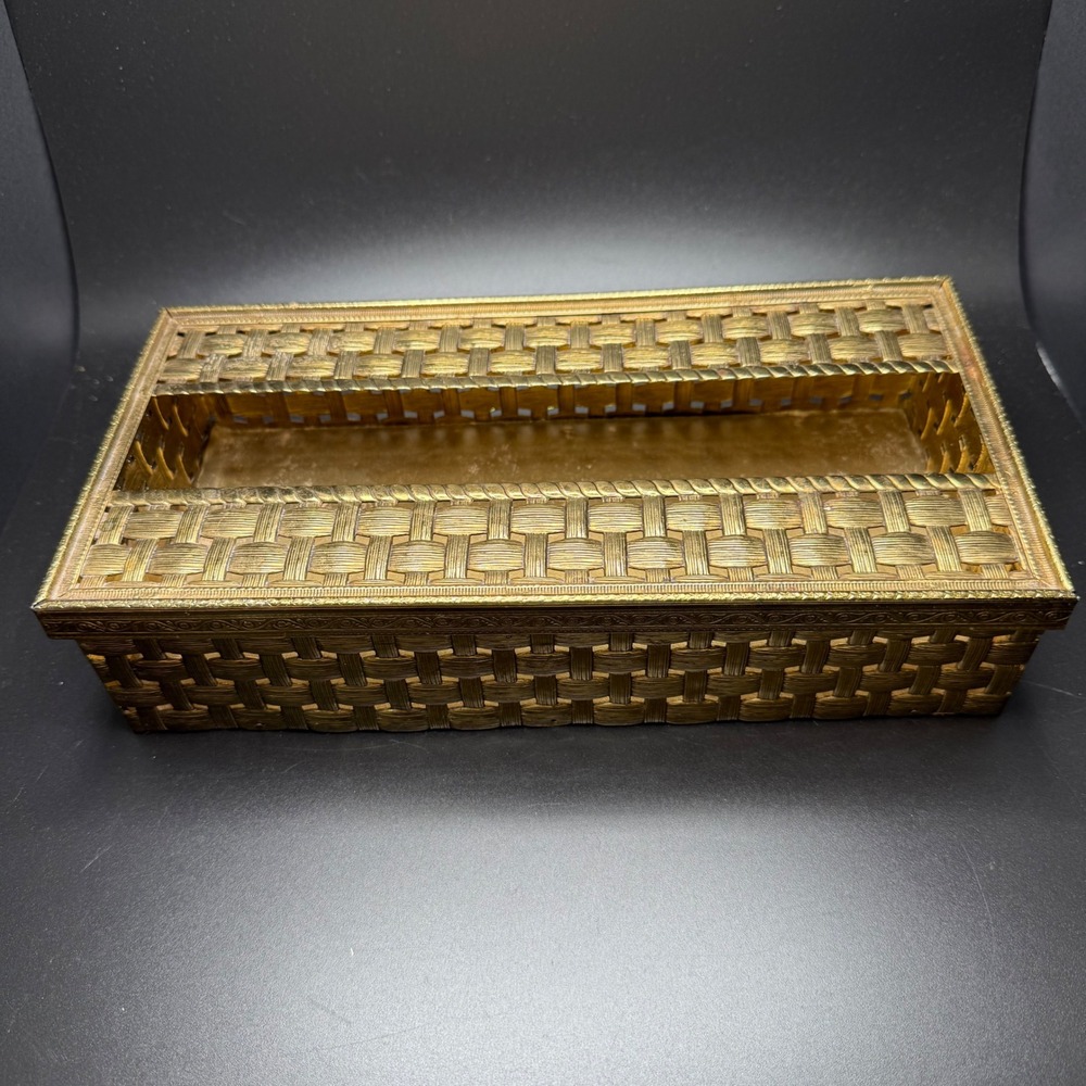Vintage Gold Metal Basketweave Tissue Box Cover‎ Hollywood Regency Ornate Decor